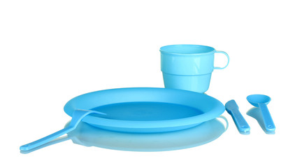 bright plastic disposable tableware isolated on white