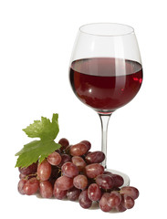 glass of wine and ripe grapes isolated on white