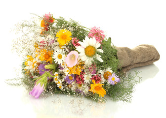 beautiful bouquet of bright  wildflowers, isolated on white