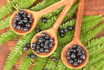 Tasty blueberries in wooden spoons on wooden background