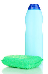 Dishwashing liquid and sponge isolated on white