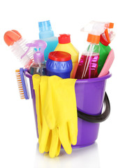 Cleaning items in bucket isolated on white