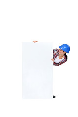 Tradeswoman displaying a blank sign
