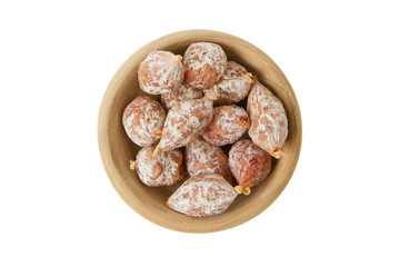 Close-up of salami of Italy in a wooden bowl