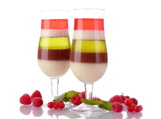 fruit jelly in glasses and raspberries isolated on white
