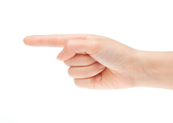 Pointing hand. Gesture of the hand on white background
