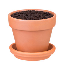 Flower pot with the soil on white background