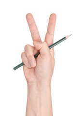 Victory and pencil. Gesture of the hand on white background.