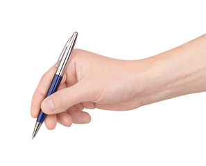 Ballpoint pen in hand on white background