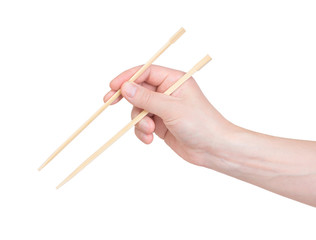 chopsticks in hand on a white background