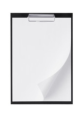Clipboard with blank paper on a white background. Curled corner