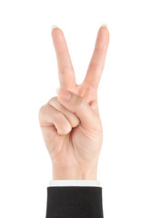 Victory. Gesture of the hand on white background