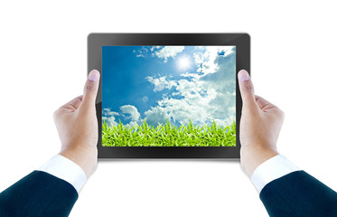 tablet computer Isolated on white background and hand