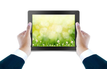 tablet computer Isolated on white background and hand