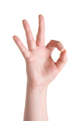 Ok. Gesture of the hand on white background