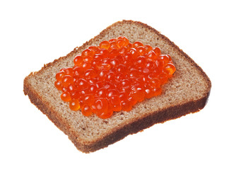 sandwich with red caviar on white background