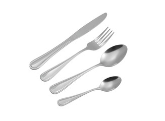 knife, fork, spoon, teaspoon on white background