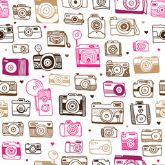 Seamless photo camera doodle pattern in vector