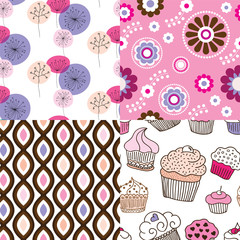 Seamless cupcake flower retro ornament background pattern