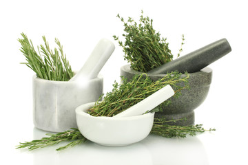mortars with fresh green thyme and rosemary isolated on white