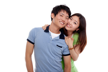 Naklejka premium Happy young Asian couple isolated on white background.