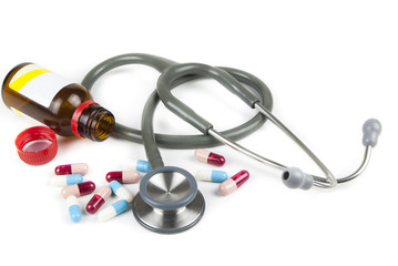 stethoscope and colorful pills