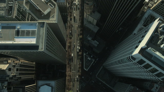 Aerial vertical view of rooftop skyscrapers, USA