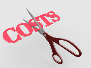 Pair of scissors cuts business expense word COSTS in half to sav