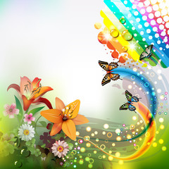 Background with lilies and butterflies