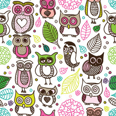 Seamless kids owl doodle pattern background in vector - 43172390