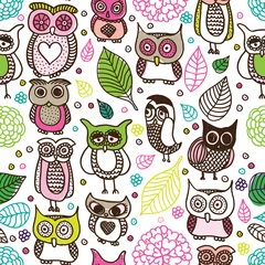 Poster Seamless kids owl doodle pattern background in vector © designalicious