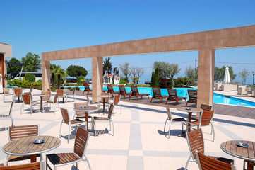 Sea view outdoor restaurant at the modern luxury hotel, Pieria,