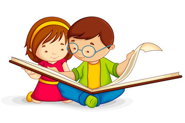 vector illustration of kid reading open book sitting on floor