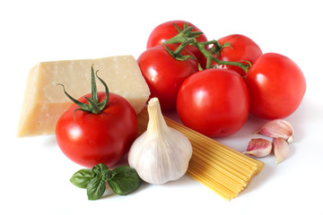 pasta ingredients (tomatoes, parmesan, garlic, basil) isolated o