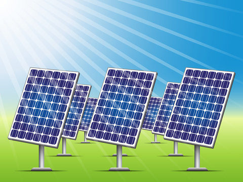 Solar panels on green field. Clean renewable energy.