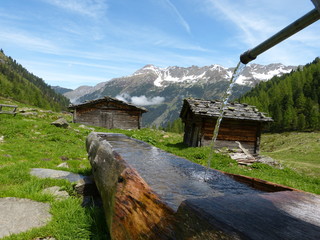 Holzbrunnen und Almhütten