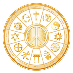 World Religions, International Peace Symbol, mandala, labels