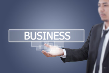 Businessman holding Business word on the whiteboard.