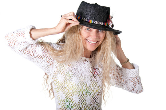 hippie femal with las vegas hat