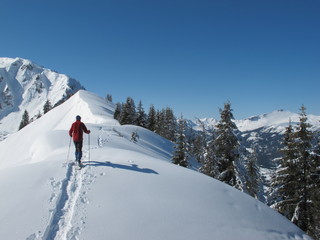 Fototapeta na wymiar Schneeschuhwandeer w wysokich górach