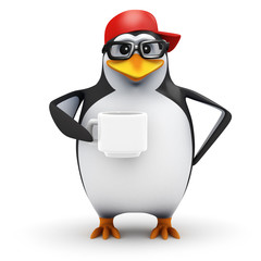 3d Penguin in baseball cap drinks coffee