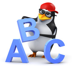 3d Penguin in baseball cap with ABC Alphabet