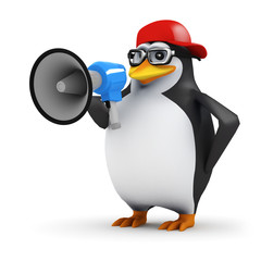 3d Penguin in baseball cap with megaphone