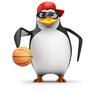 3d Penguin in baseball cap bounces basketball