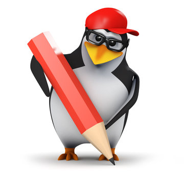 3d Penguin in baseball cap with red pencil