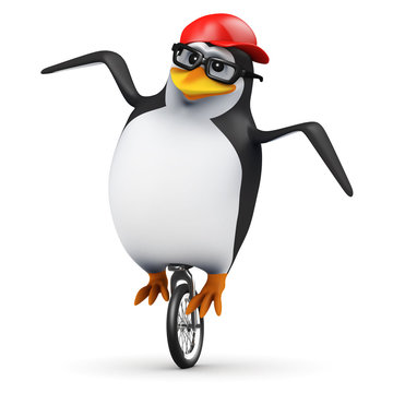 3d Penguin in baseball cap rides unicycle