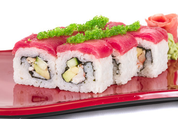 Maki Sushi - Roll made of Crab, avocado, cucumber inside. Fresh