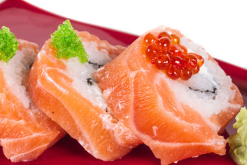 Japanese sushi traditional japanese food.Roll made of salmon, re