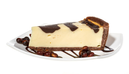 cheesecake with chocolate sauce.