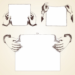 Set of Vintage Hands holding blank paper